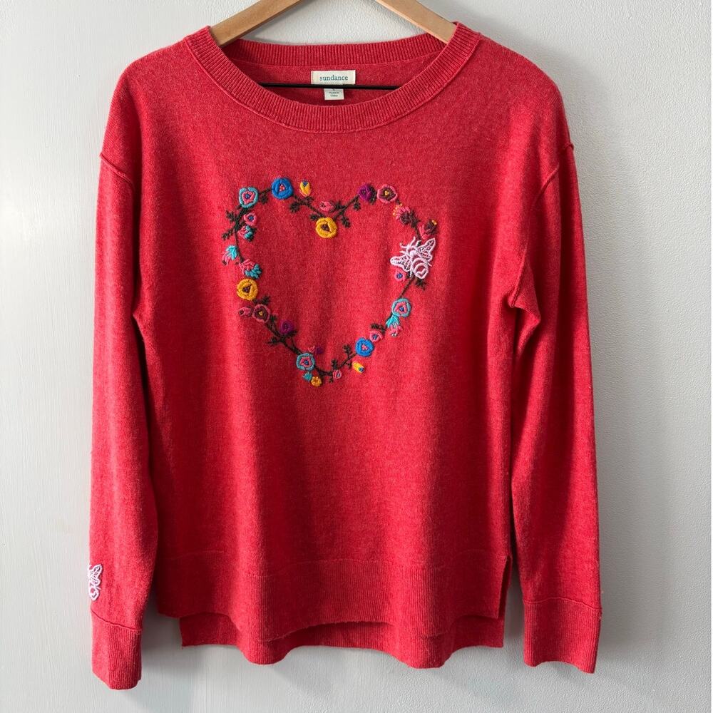 Vintage Sundance Wool Blend Embroidered Floral Heart Sweater Sz Small